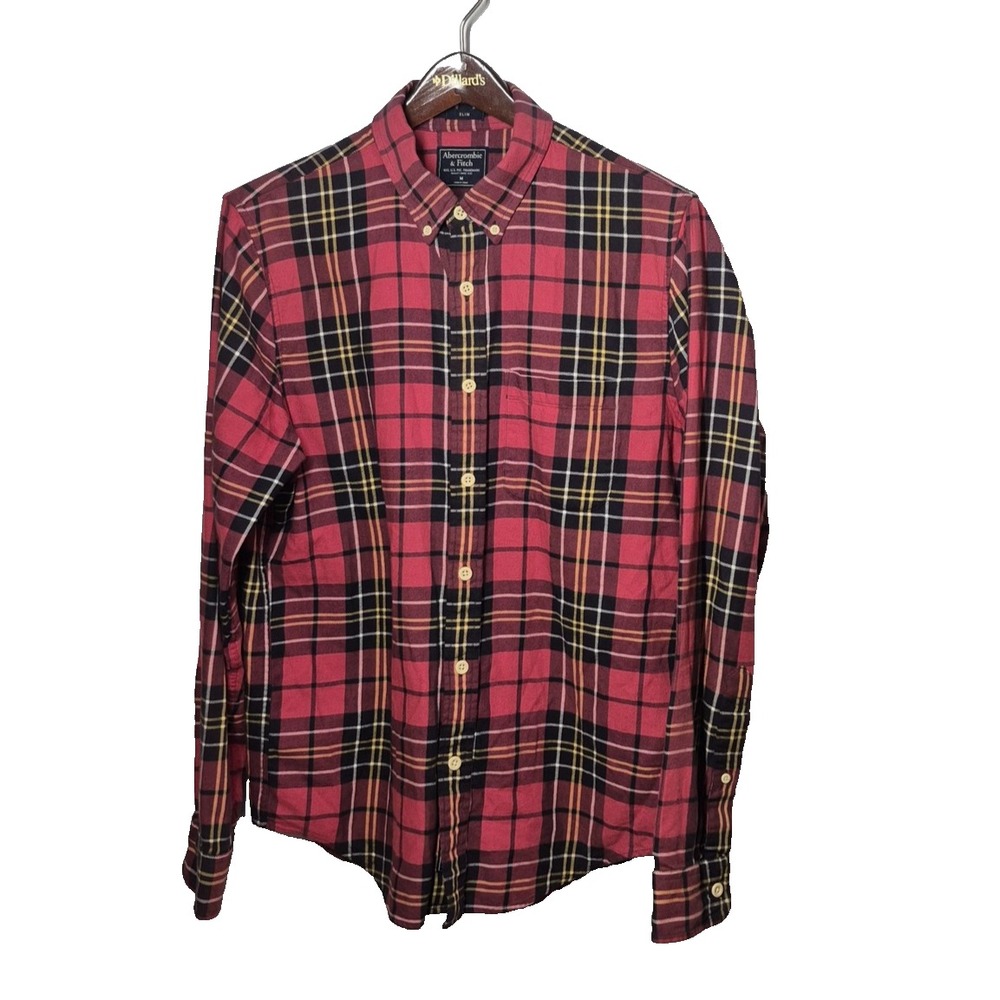 Abercrombie & Fitch Shirt Mens Medium Red Black Plaid Slim Flannel Button Down